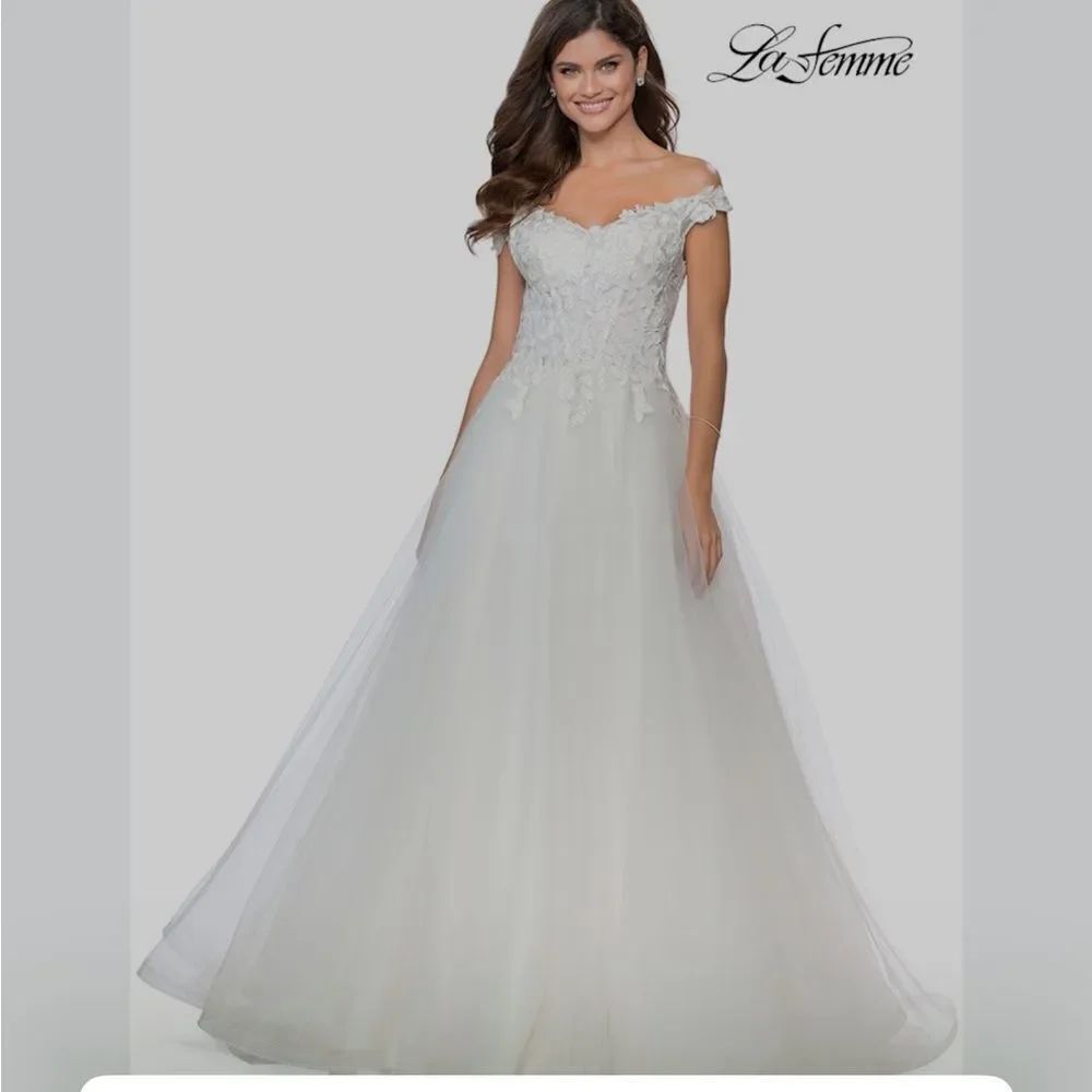 NEW La Femme White 28598 Sheer Floral Off The Shoulder Ball Bride Gown Dress 2